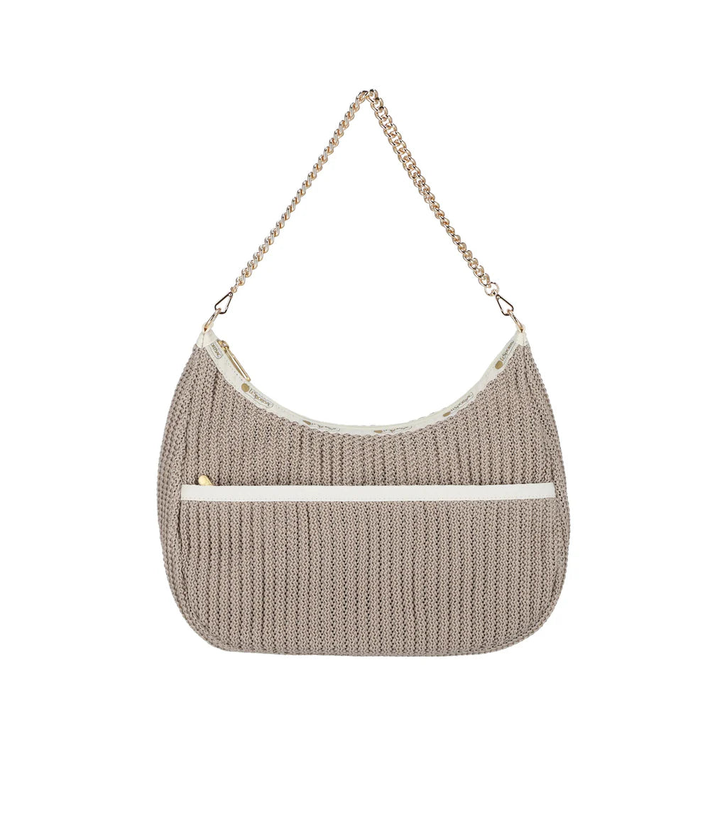 Chain Crochet North/South Hobo<br>Beige Crochet