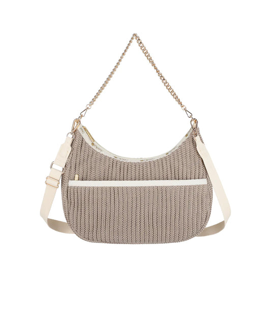 Chain Crochet North/South Hobo<br>Beige Crochet