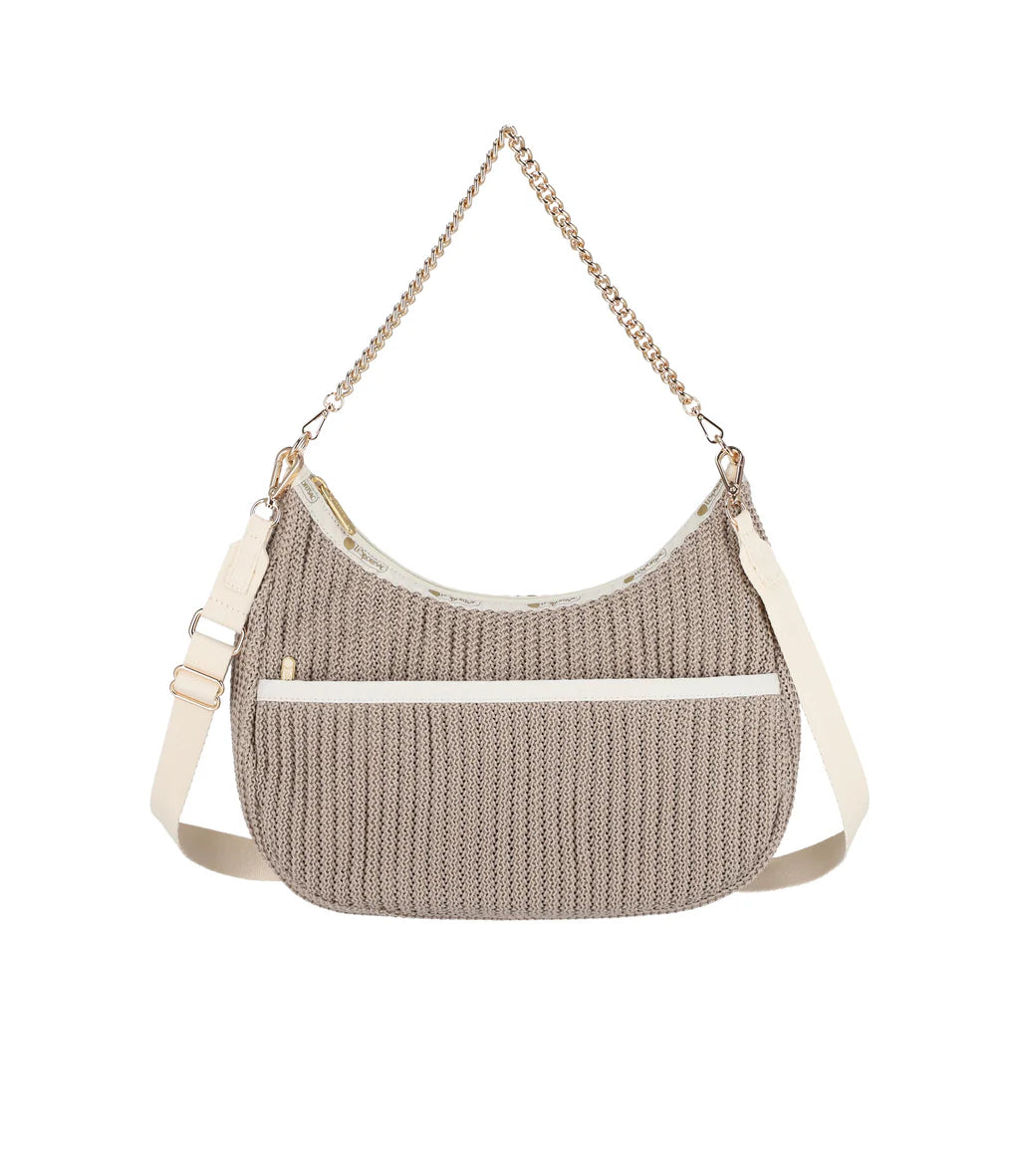 Chain Crochet North/South Hobo<br>Beige Crochet
