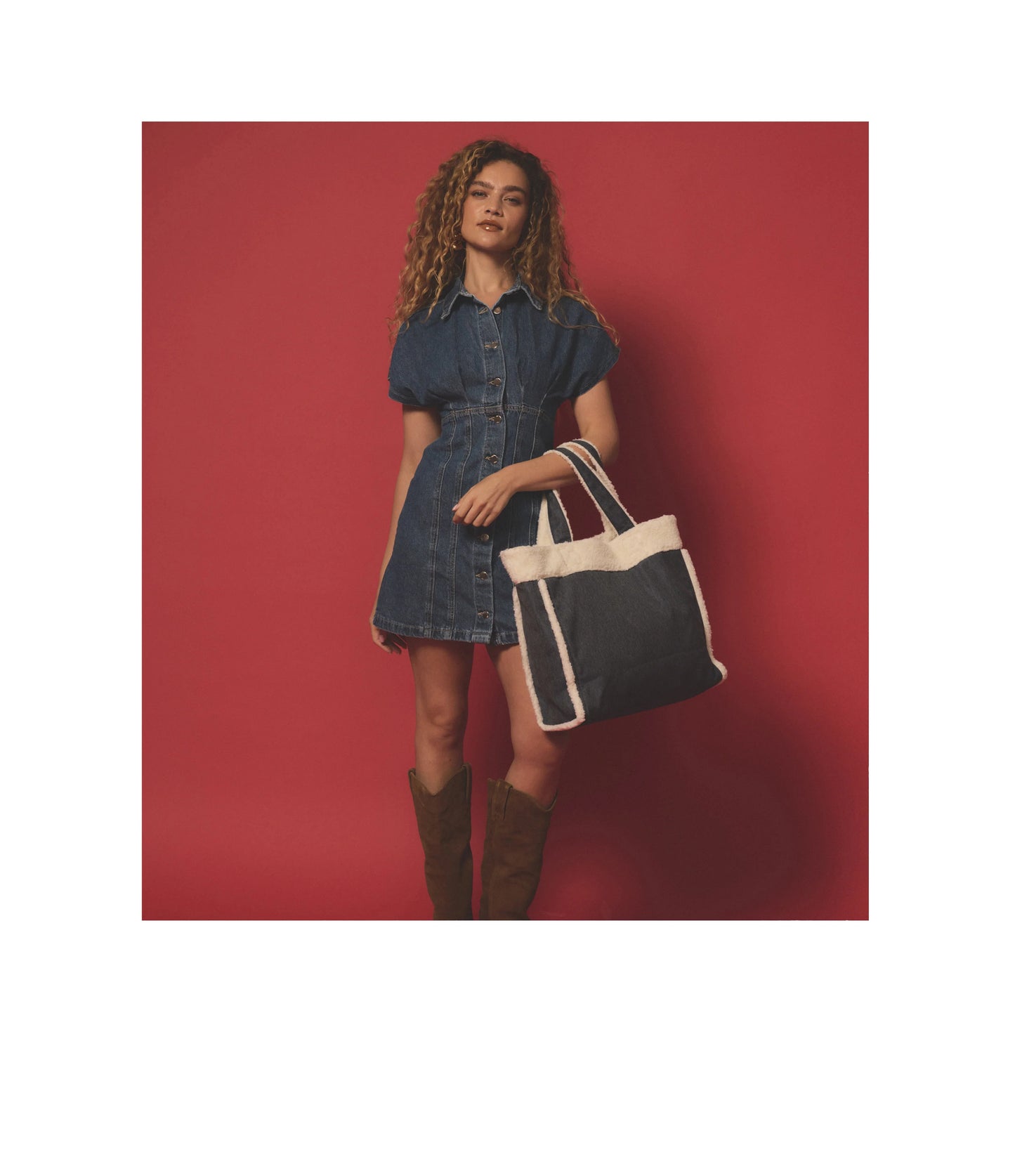 Two Way Denim Tote<br>Medium Denim Wash/ Sherpa