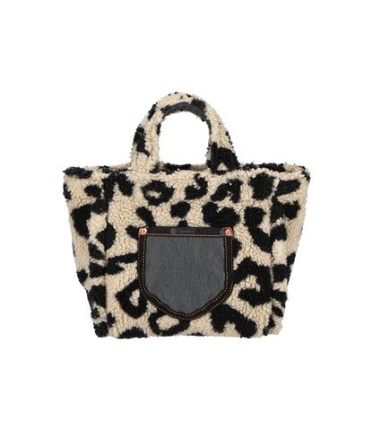 Small Two Way Denim Tote<br>Black Denim/ Leopard Sherpa