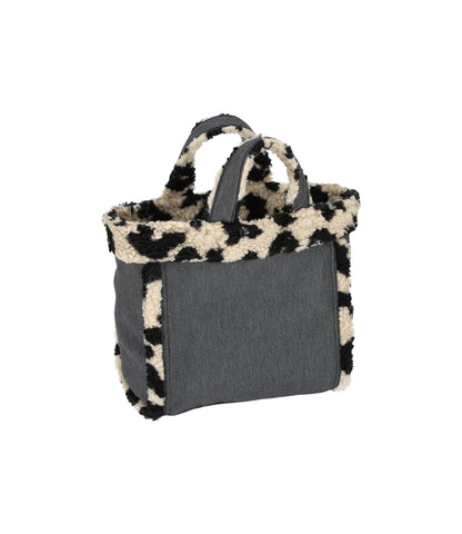 Small Two Way Denim Tote<br>Black Denim/ Leopard Sherpa