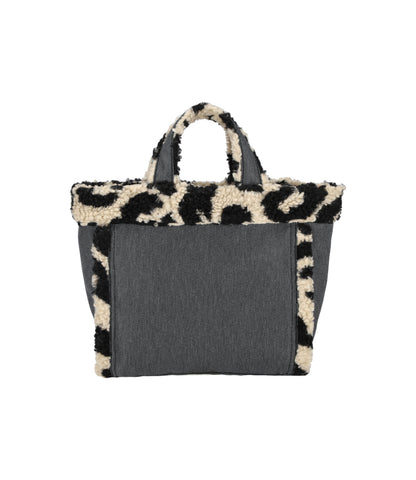 Small Two Way Denim Tote<br>Black Denim/ Leopard Sherpa